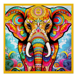Kleurrijke Mozaïek Olifant op een Glanzende Muurpo Perfect Poster
