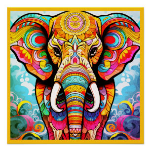 Kleurrijke Mozaïek Olifant op een Glanzende Muurpo Perfect Poster