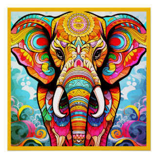Kleurrijke Mozaïek Olifant op een Glanzende Muurpo Perfect Poster