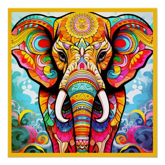 Kleurrijke Mozaïek Olifant op een Glanzende Muurpo Perfect Poster (Voorkant)