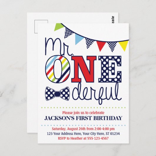 Kleurrijke Mr. ONEderful verjaardagsuitnodiging Briefkaart (Voorkant / Achterkant)