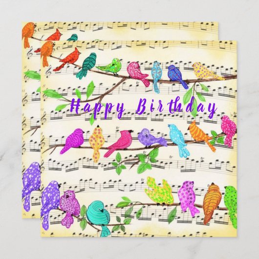 Kleurrijke musical Birds Happy Birthday Kaart (Voorkant / Achterkant)