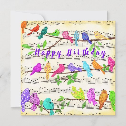 Kleurrijke musical Birds Happy Birthday Kaart (Voorkant)