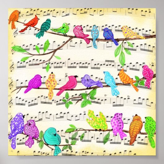Kleurrijke Musical Birds Poster Happy Spring Song (Voorkant)