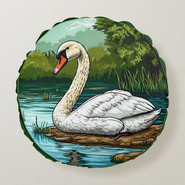 Kleurrijke Mute zwaan Vogel Rond Kussen (Voorkant)