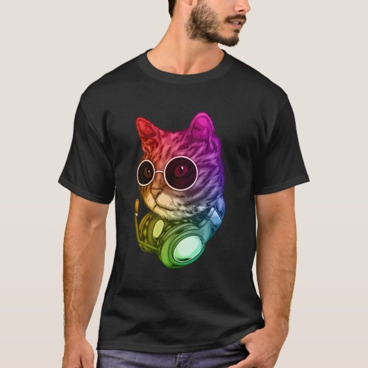 Kleurrijke Muziek Kat Hoofdtelefoon Raver Dier T-shirt (Voorkant)