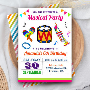 Kleurrijke muziekfeestje kinderverjaardagsuitnodig kaart