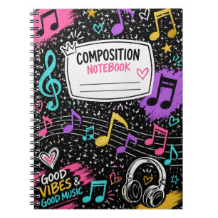 Kleurrijke muzieknoten & goede vibes compositie no notitieboek