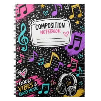 Kleurrijke muzieknoten & goede vibes compositie no notitieboek