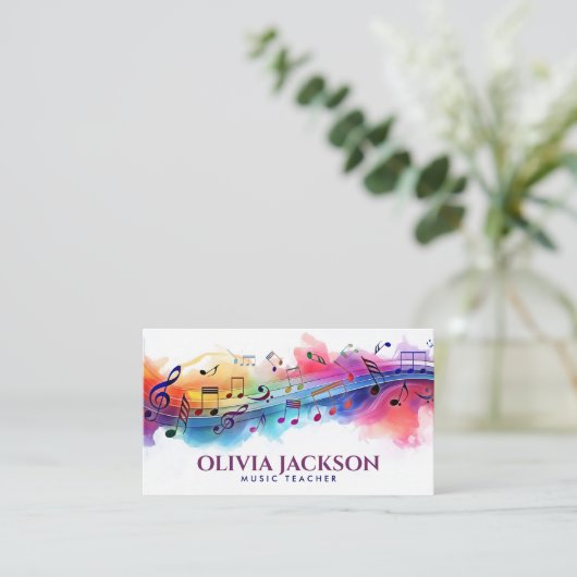 Kleurrijke Muzieknoten Waterverf Visitekaartje (Staand voorkant)