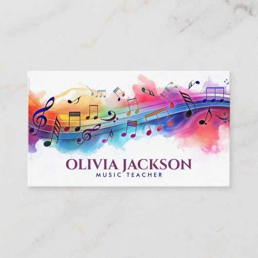 Kleurrijke Muzieknoten Waterverf Visitekaartje (Voorkant)