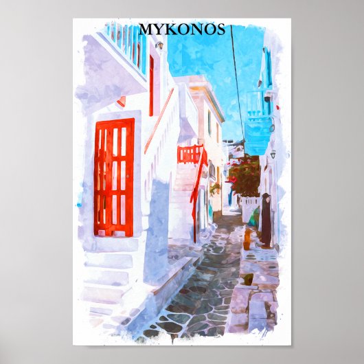 Kleurrijke Mykonos Griekenland Retro Reizen Waterv Poster (Voorkant)