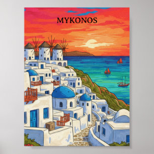 Kleurrijke Mykonos Griekenland Windmolens Vintage  Poster