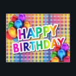 Kleurrijke Mylar Balloons HAPPY BIRTHDAY Briefkaart<br><div class="desc">Kleurrijke vrolijke verjaardag blanco briefkaarten. Ballonnen in verschillende levendige kleuren met mylar ballonnen op een achtergrond van het checker type. Aanpassen door uw handgeschreven notitie toe te voegen.</div>