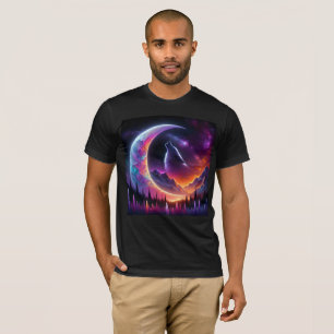 Kleurrijke nachtelijke hemel Wolf huil halve maan T-shirt