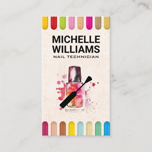 Kleurrijke nagels | Nagellak fles en borstel Visitekaartje (Voorkant)