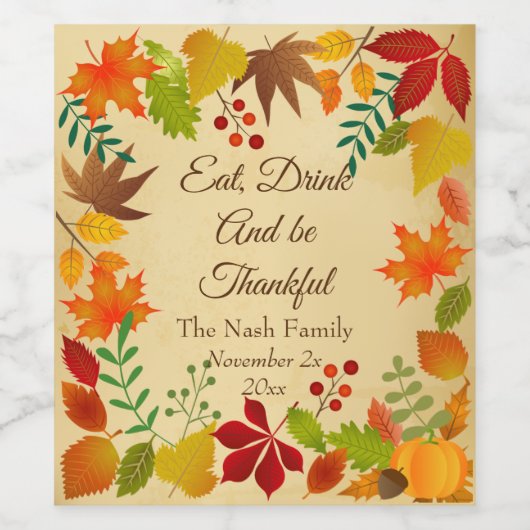 Kleurrijke najaarsvulling voor Thanksgiving Wijn Etiket (Enkel label)