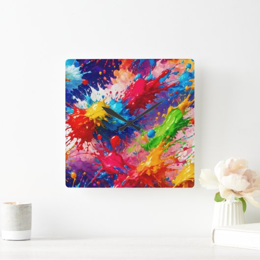 Kleurrijke natte verf splash ontwerp vierkante klok (Huis)