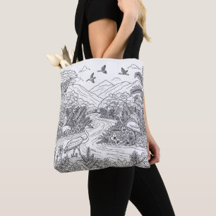 Kleurrijke Natuur Dierenlandschap op een Kleurplaa Tote Bag