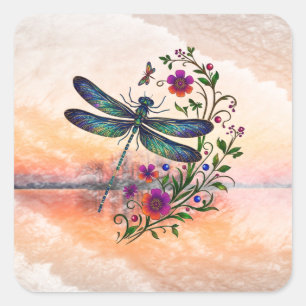 Kleurrijke Natuur Levensechte Libel Bloem Kunst Vierkante Sticker