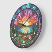 Kleurrijke Natuur Zonsondergang Faux Glas in lood  Grote Klok (Hoek)