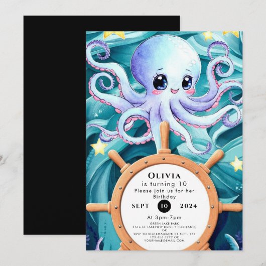 Kleurrijke nautische octopus verjaardag kaart (Voorkant / Achterkant)