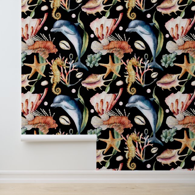 Kleurrijke nautische onderwater Zee Animal Life Zw Behang (Applicatie)
