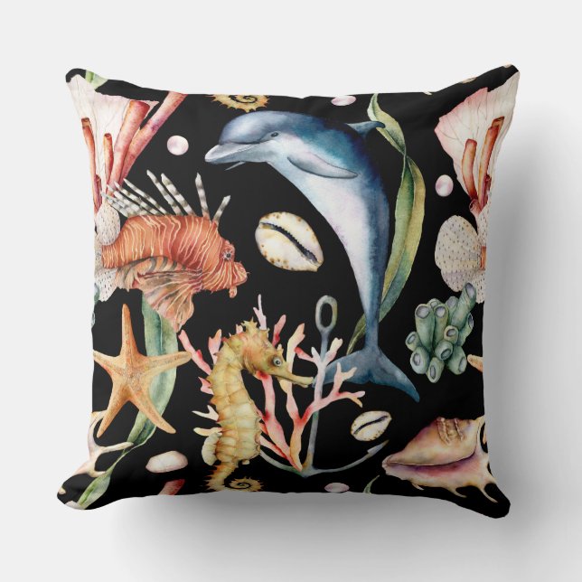 Kleurrijke nautische onderwater Zee Animal Life Zw Kussen (Voorkant)