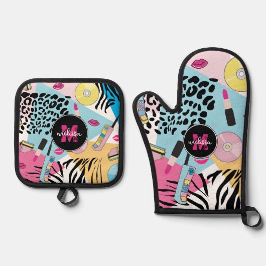 Kleurrijke negentiger jaren negentig Patroon Monog Ovenwant & Pannenlap Set (Voorkant)