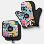 Kleurrijke negentiger jaren negentig Patroon Monog Ovenwant & Pannenlap Set (Voorkant / Achterkant)