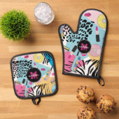 Kleurrijke negentiger jaren negentig Patroon Monog Ovenwant & Pannenlap Set (Top down)