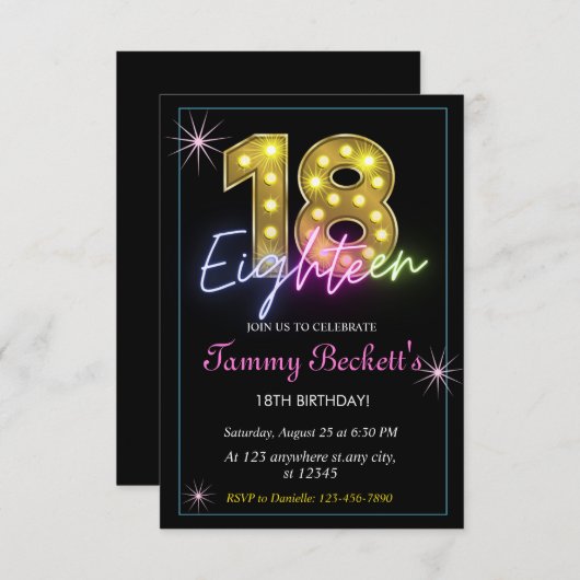 Kleurrijke Neon 18e Verjaardag Marquee Lightsk Kaart (Voorkant / Achterkant)