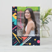 Kleurrijke Neon 80s Retro Afstuderen Aankondiging (Staand voorkant)