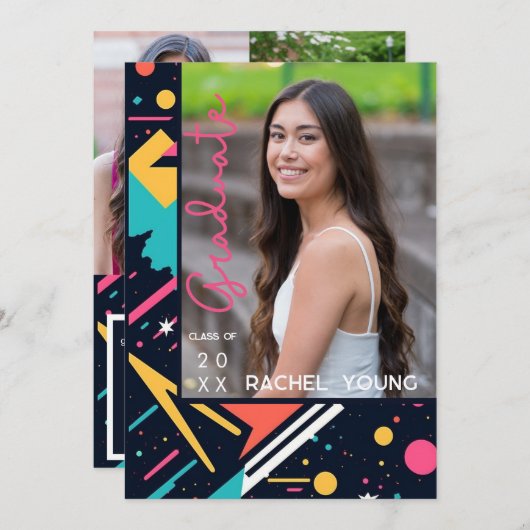 Kleurrijke Neon 80s Retro Afstuderen Aankondiging (Voorkant / Achterkant)