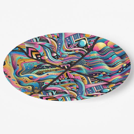 Kleurrijke Neon Bright Abstract 90's Pattern Print Papieren Bordje (Gekanteld)