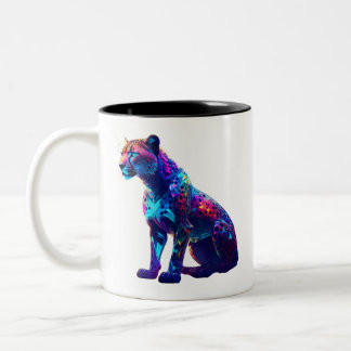 Kleurrijke Neon Cheetah Art - Glowing Wild Cat Tweekleurige Koffiemok