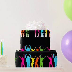 Kleurrijke Neon Dansende Silhouetten Retro Feestje Cadeaupapier