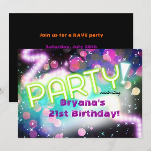 Kleurrijke Neon Glow Club Rave Party uitnodiging (Voorkant / Achterkant)