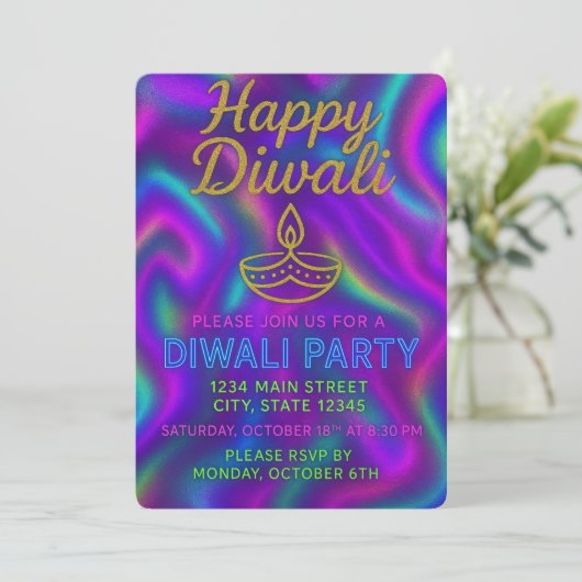Kleurrijke Neon Glow Happy Diwali Party Kaart (Staand voorkant)
