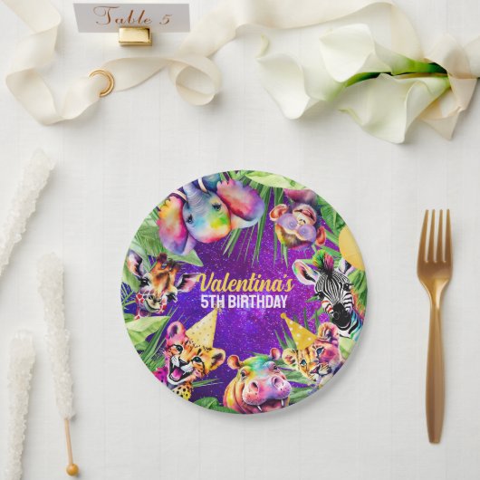 Kleurrijke Neon Glow Oerwoud Safari Party Dieren Papieren Bordje (Huwelijk)