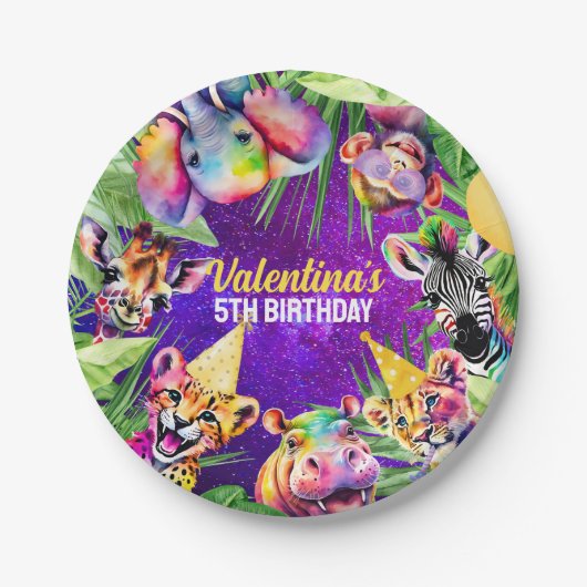 Kleurrijke Neon Glow Oerwoud Safari Party Dieren Papieren Bordje (Voorkant)