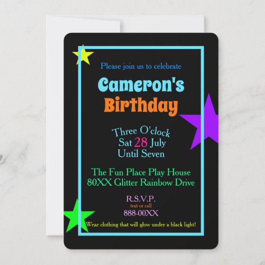 Kleurrijke Neon Glow Party Kaart (Achterkant)