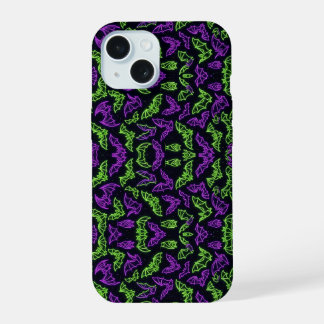 Kleurrijke Neon Paarse Groene Vleermuizen Hallowee iPhone 15 Case