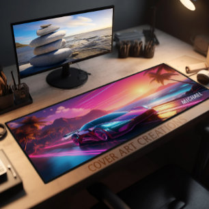 Kleurrijke Neon Sportscar Sunset Desk Mat