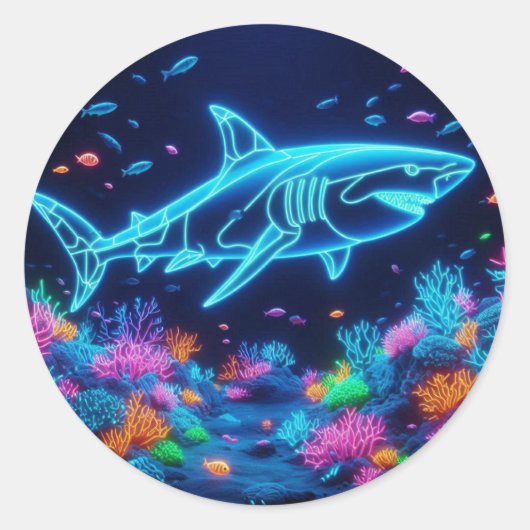 Kleurrijke neonhaai ronde sticker (Voorkant)