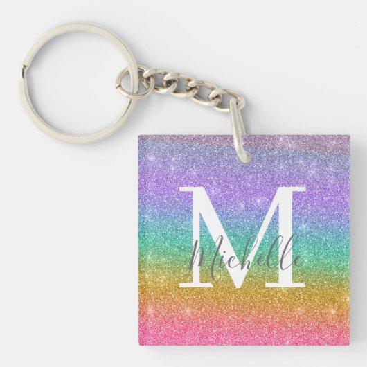 Kleurrijke Nep Glitter Persoonlijke Monogram Naam Sleutelhanger (voorkant)