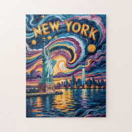 Kleurrijke New Yorkse Silhouette Retro Liberty Cit Legpuzzel