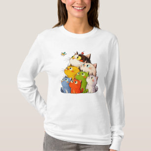 Kleurrijke Nieuwsgierige Katten T-shirt Met Lange 
