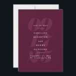 Kleurrijke nummers moderne burgundy save-the-date save the date<br><div class="desc">Terwijl de ene kant alle details van je bruiloft bevat in elegante typografie tegen een wijn - Merlot - maroon achtergrond,  toont de andere kant een enkele verticale foto. Deze save-the-date is het perfecte aandenken om je verlovingsfoto's te delen en tegelijkertijd je grote dag aan te kondigen.</div>