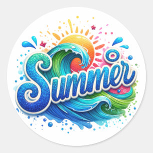   Kleurrijke Oceaangolven Blauwe Glitter Zonneschi Ronde Sticker